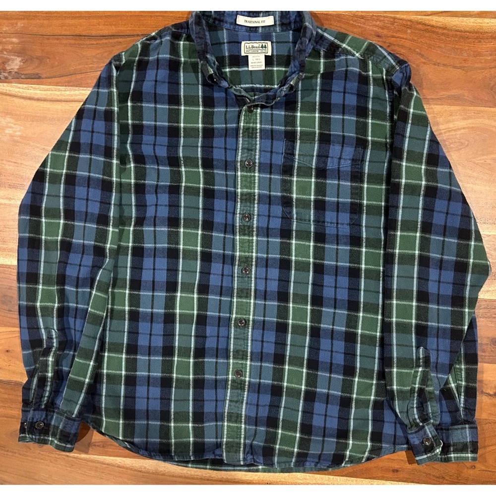 LL Bean Mens Flannel Shirt Large Traditional Fit Blue Green Plaid 228061 Cotton